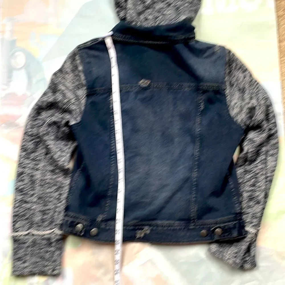 Free People Hooded Denim Knit Jacket Navy Black Gary Distressed L Mixed Media - Picture 10 of 13